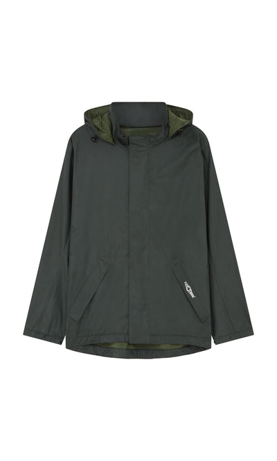 Plümo- Berghart Raincoat in dark green, waterproof with hood, front pockets, and zipper on a plain white background.