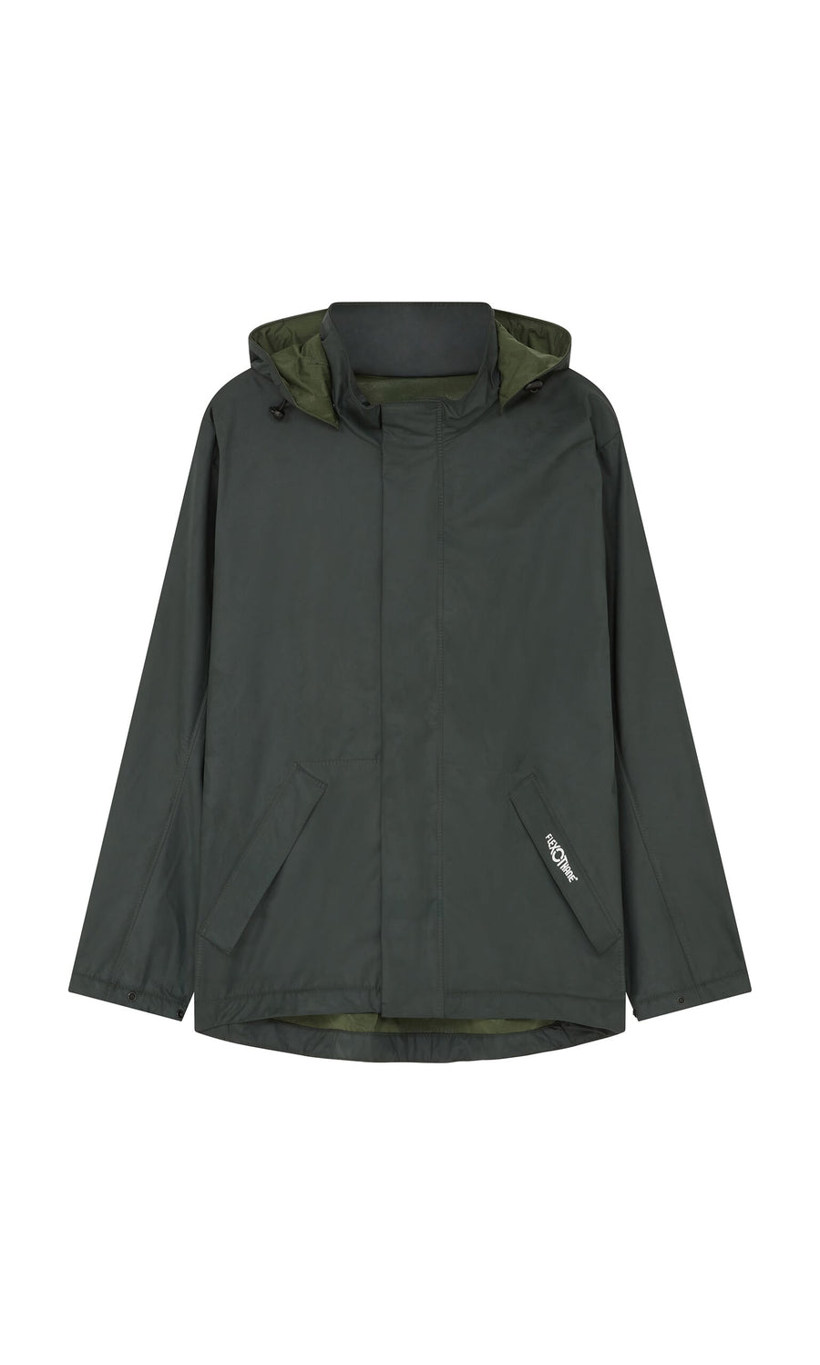 Plümo- Berghart Raincoat in dark green, waterproof with hood, front pockets, and zipper on a plain white background.