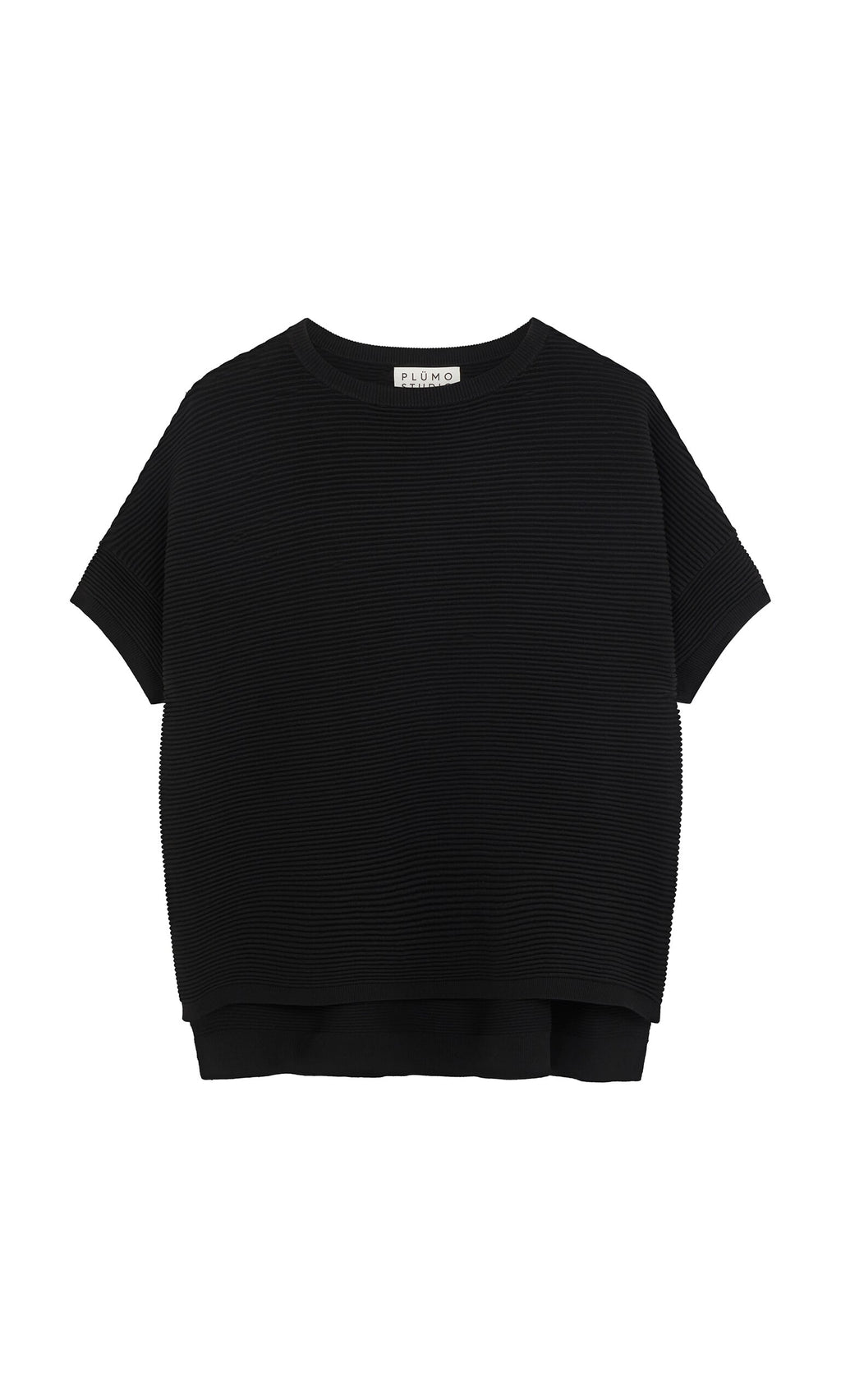 Plümo- Jack Short Sleeve - Black textured blouse with round neckline and cropped sleeves, by Plümo Studio, on white background.
