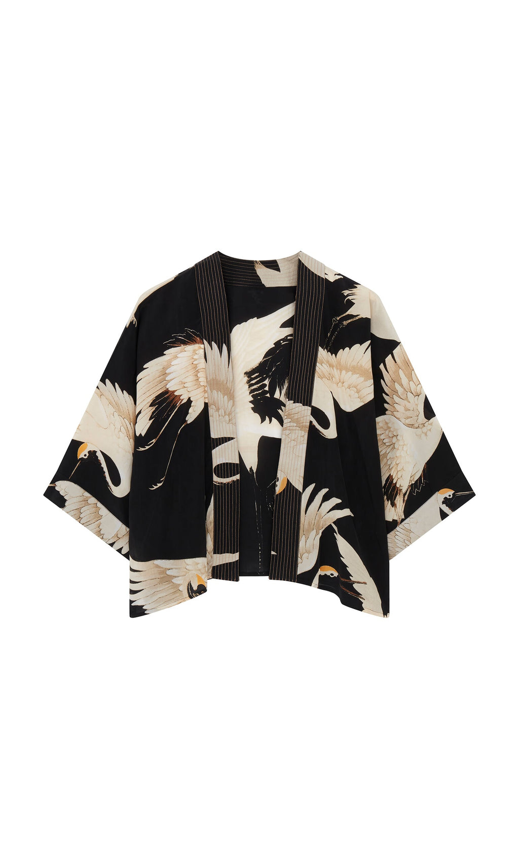 Plümo- Black Stork Kimono with cream stork print, wide sleeves, relaxed fit, shown on a white background.