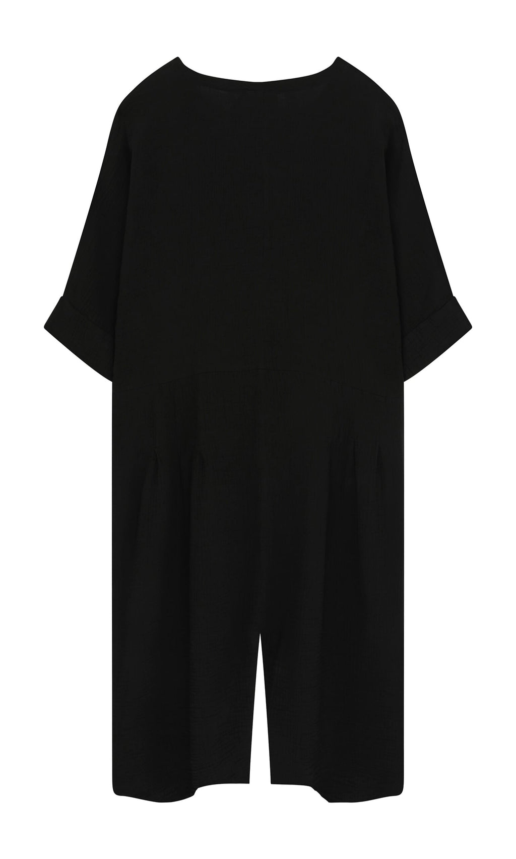Plümo- Black crinkle cotton Culotte Dress, short-sleeve and loose with wide-legged culottes, on a white background.