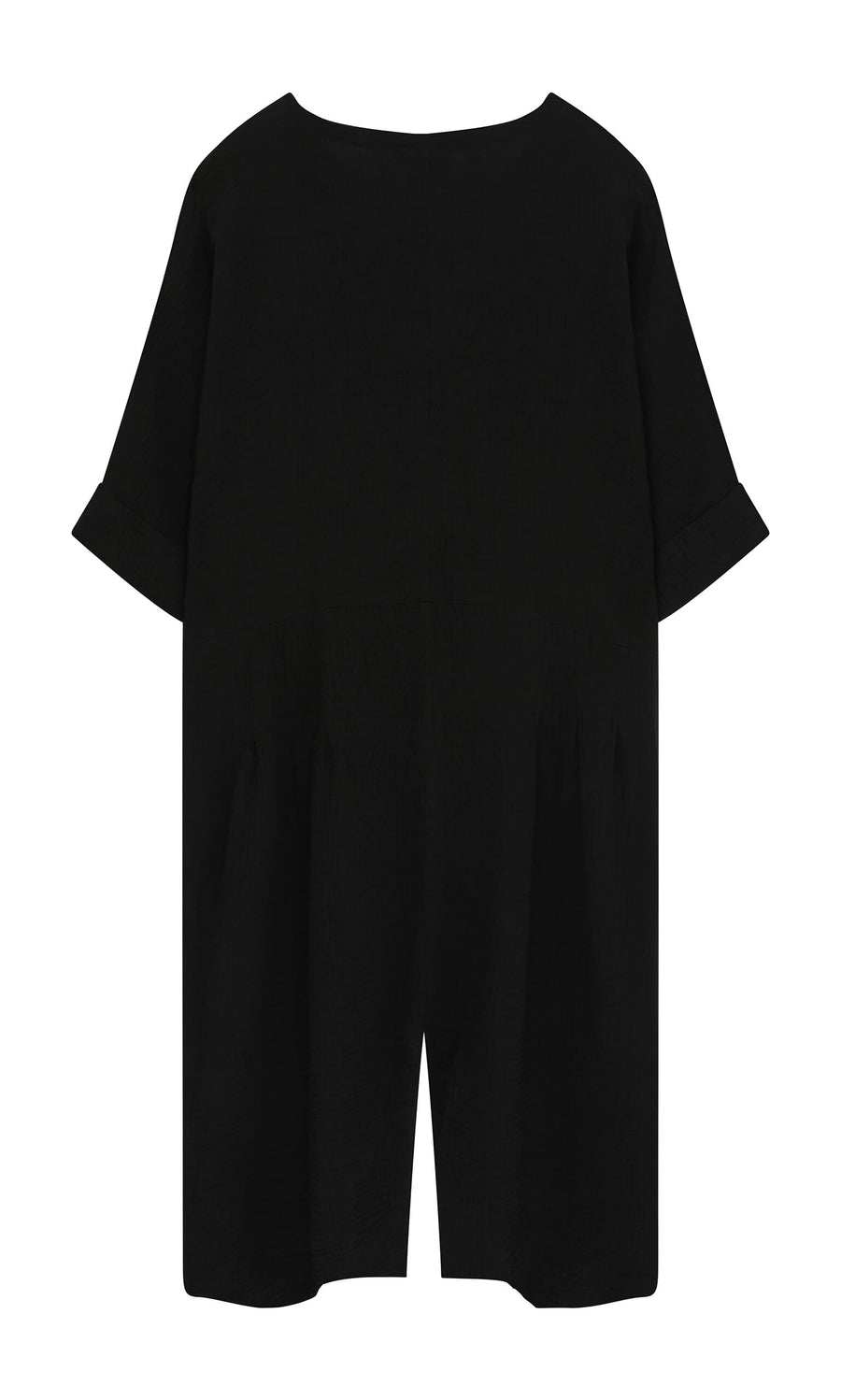 Plümo- Black crinkle cotton Culotte Dress, short-sleeve and loose with wide-legged culottes, on a white background.