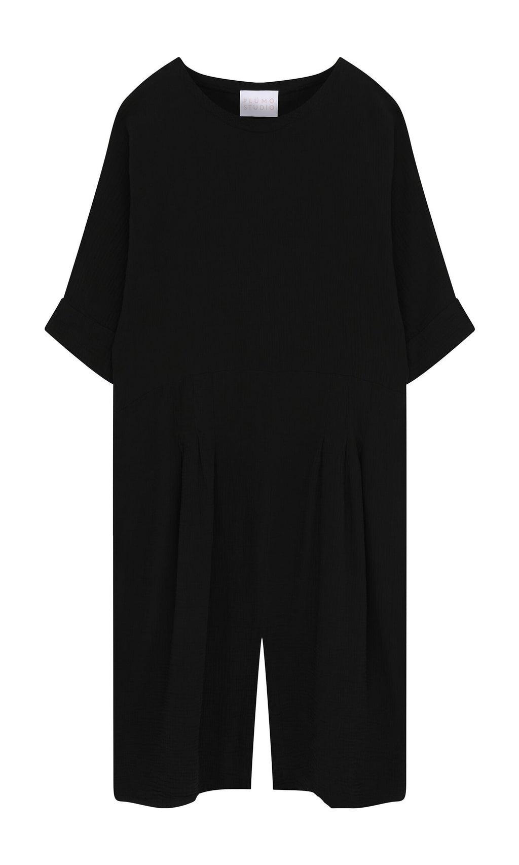 Plümo- Black short-sleeve Culotte Dress with round neckline, rolled cuffs, and pleats in soft crinkle cotton.