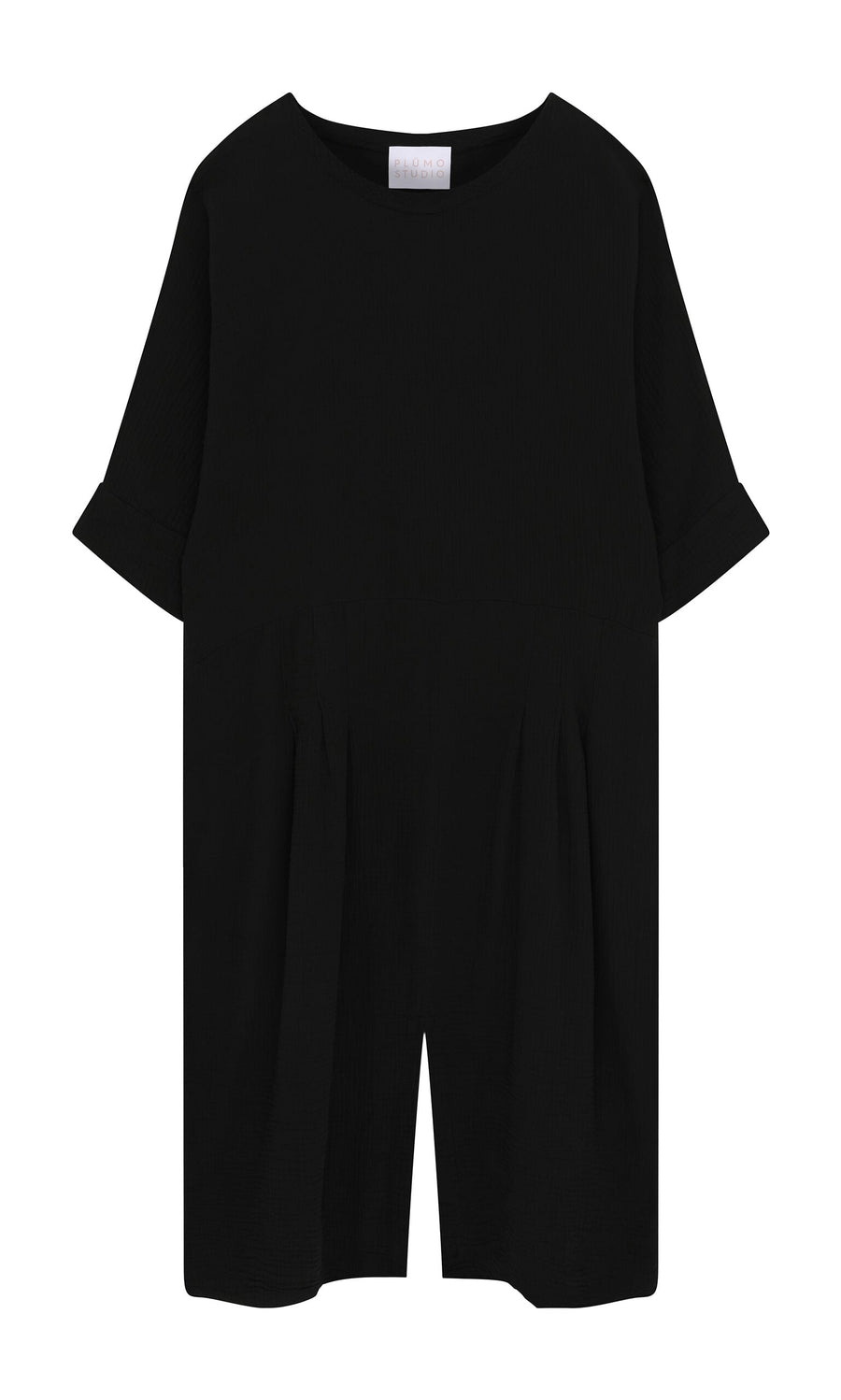 Plümo- Black short-sleeve Culotte Dress with round neckline, rolled cuffs, and pleats in soft crinkle cotton.