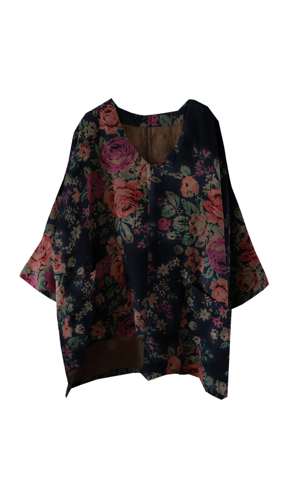 Plümo- Loose, bohemian Liu Pocket Blouse in deep navy with wide sleeves, V-neck, and pink-green floral patterns.