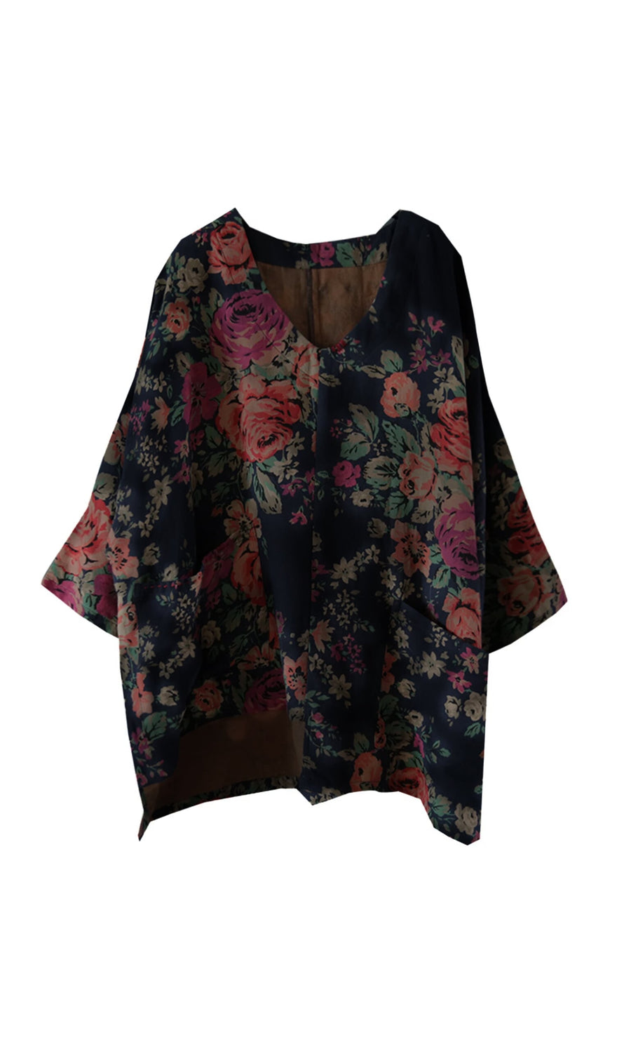 Plümo- Loose, bohemian Liu Pocket Blouse in deep navy with wide sleeves, V-neck, and pink-green floral patterns.
