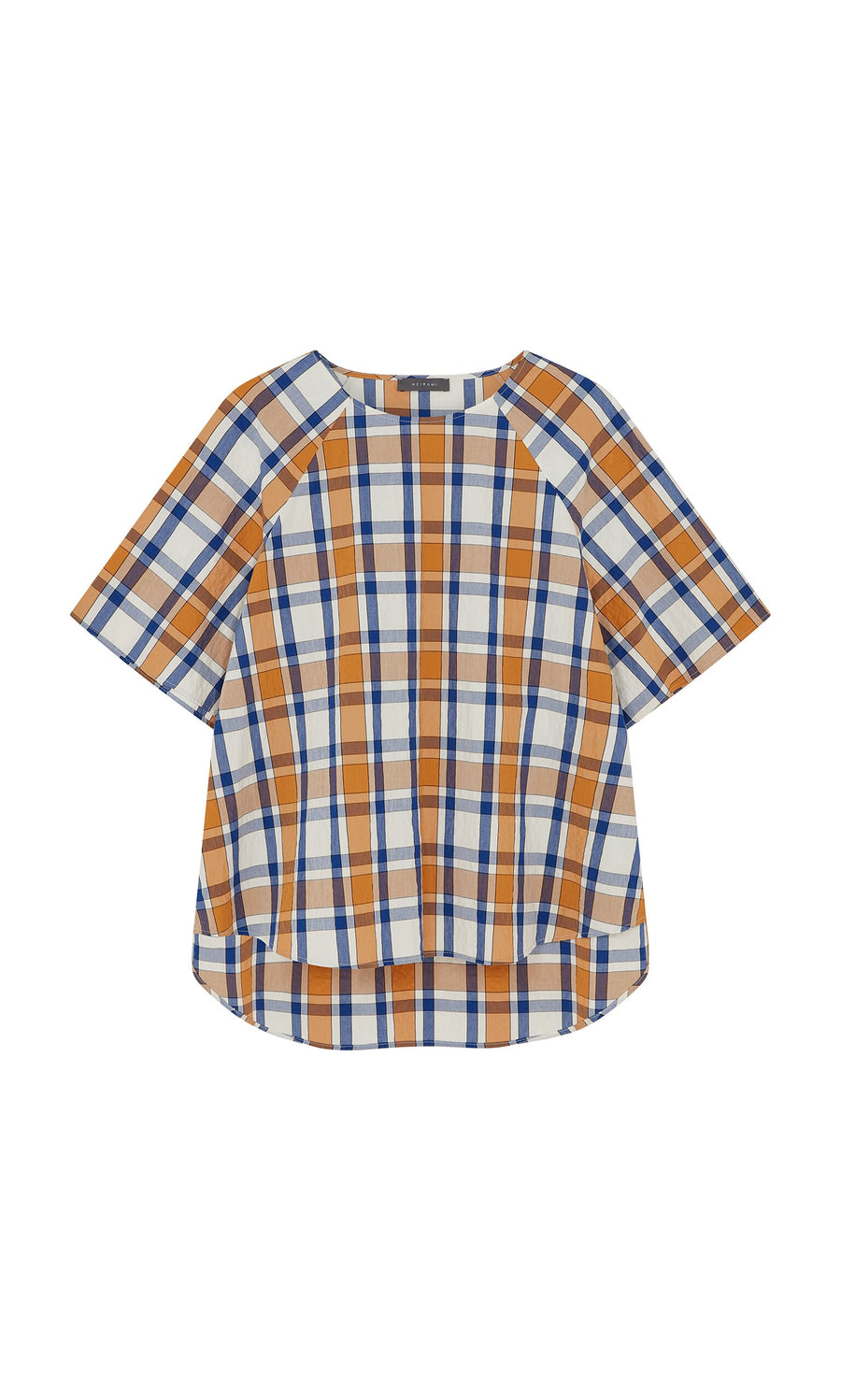 Plümo- Blue Madras Shirt: Short-sleeve, boxy fit, orange/blue/white madras-check cotton with curved hem.