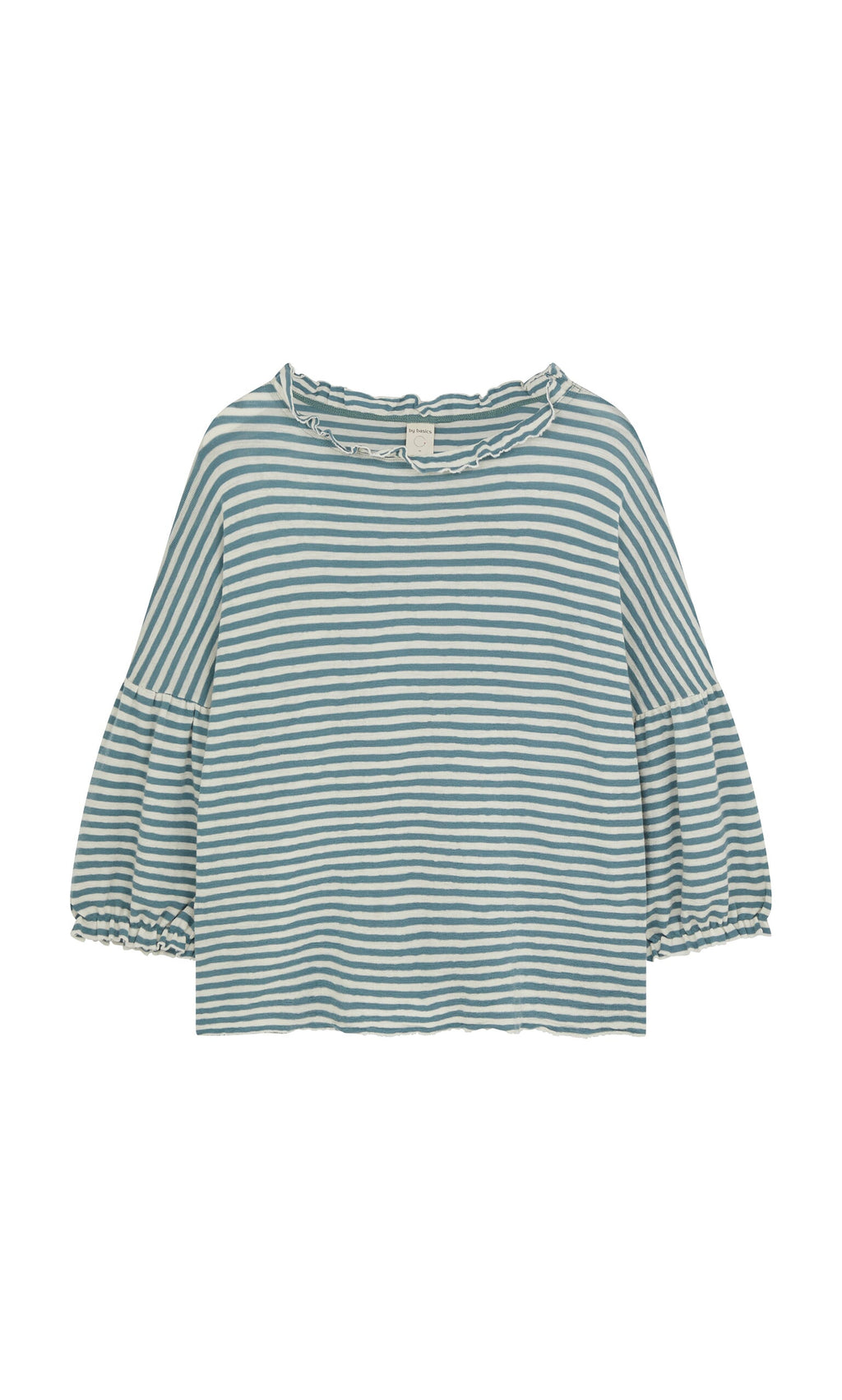 Plümo- Blue Stripe Ruffle Blouse with puffed sleeves, ruffle trim, and a slightly cropped hem.