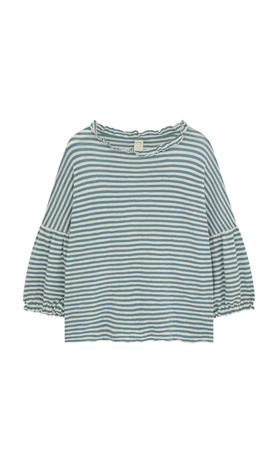 Plümo- Blue Stripe Ruffle Blouse with puffed sleeves, ruffle trim, and a slightly cropped hem.