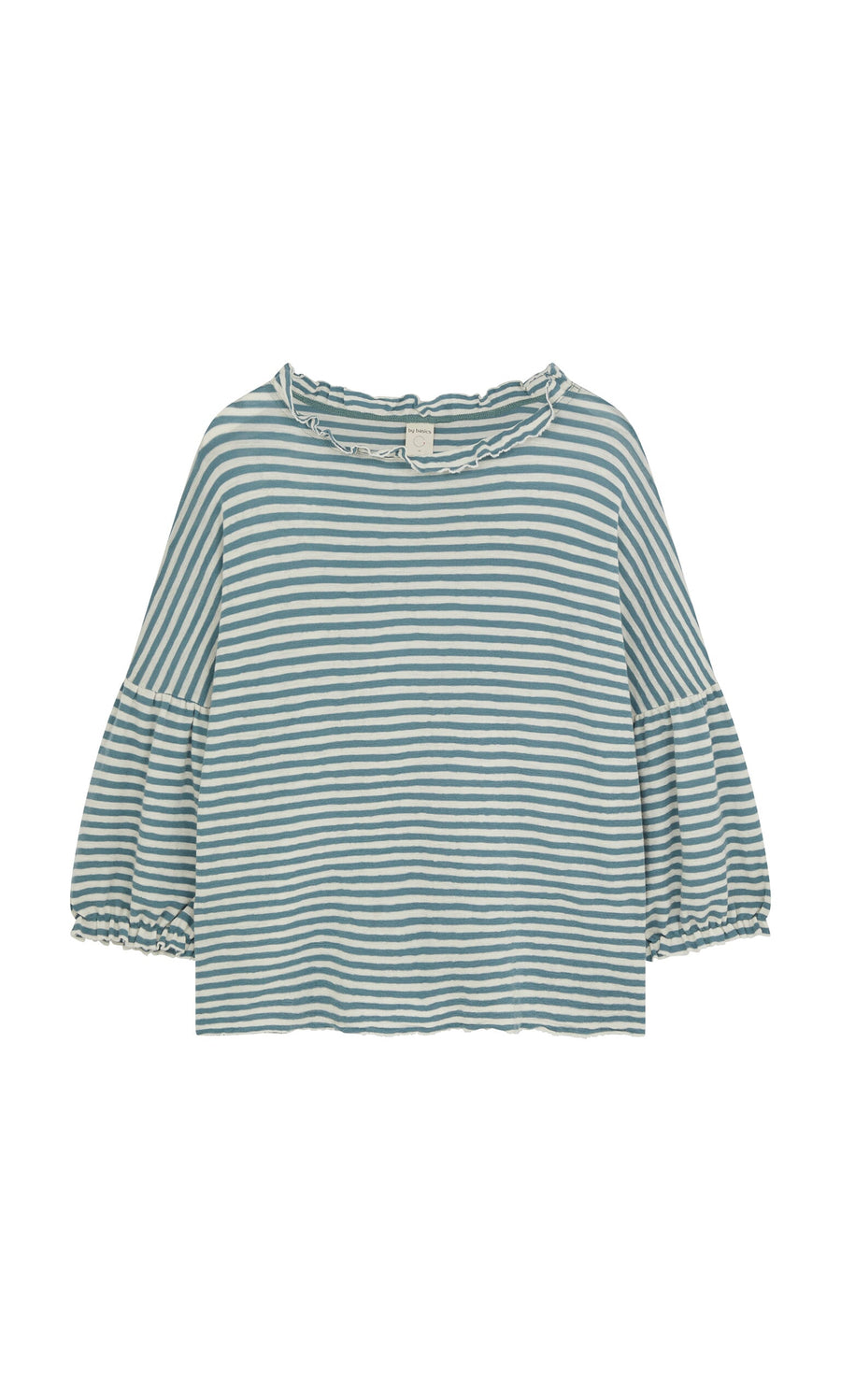 Plümo- Blue Stripe Ruffle Blouse with puffed sleeves, ruffle trim, and a slightly cropped hem.