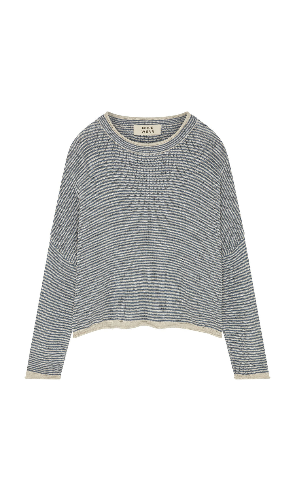 Plümo- The Boathouse Jumper is a relaxed fit, blue and white striped knit sweater with cream trim and a classic crew neck.