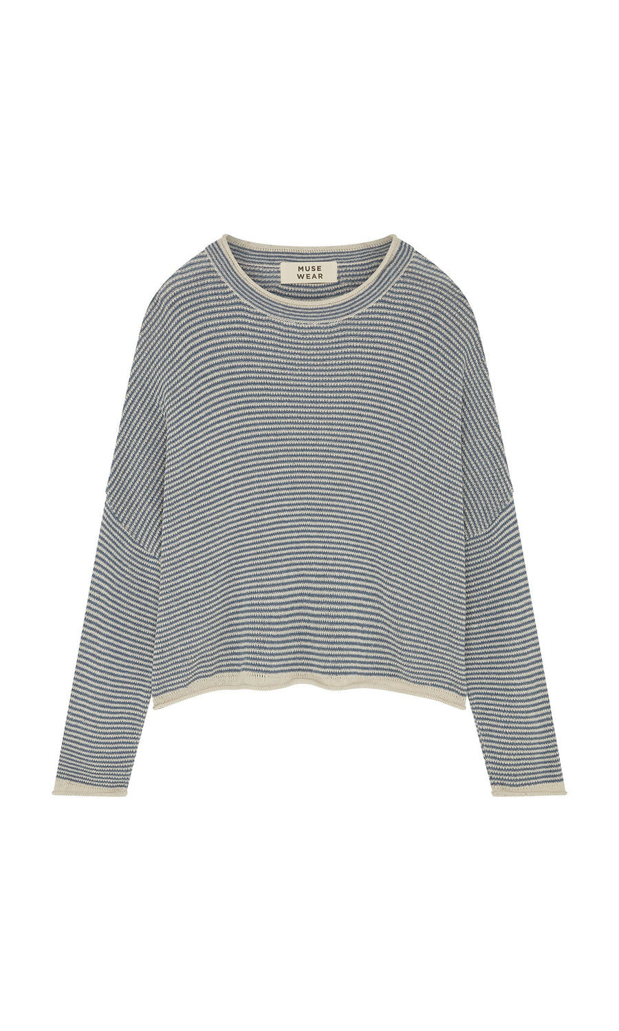 Plümo- The Boathouse Jumper is a relaxed fit, blue and white striped knit sweater with cream trim and a classic crew neck.
