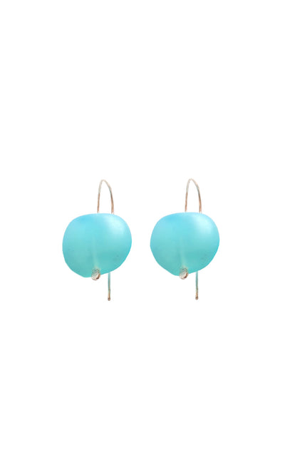 Plümo- Bola Earrings: Cerulean blue with frosted turquoise beads and eco-silver hooks, shown on a white background.
