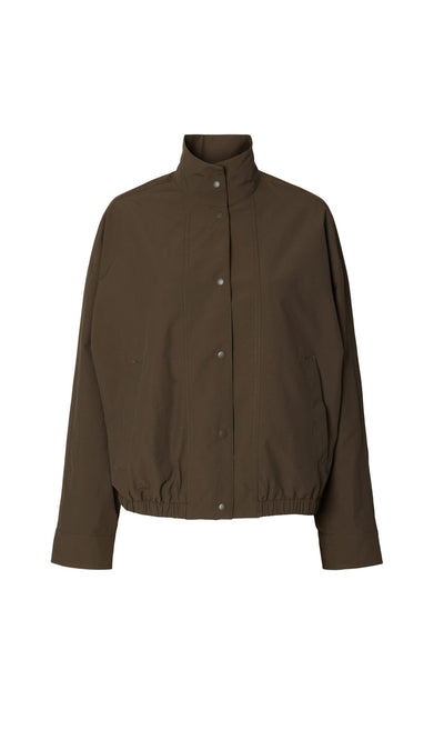 Plümo- Olive green Bomber Jacket with funnel neck, snap buttons, elastic hem, and long sleeves on a white background.