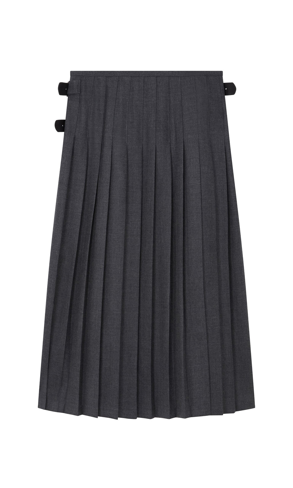 Plümo- The Boyd Kilt, a grey pleated skirt with side buckles, made in Ireland, shown flat on a white background.