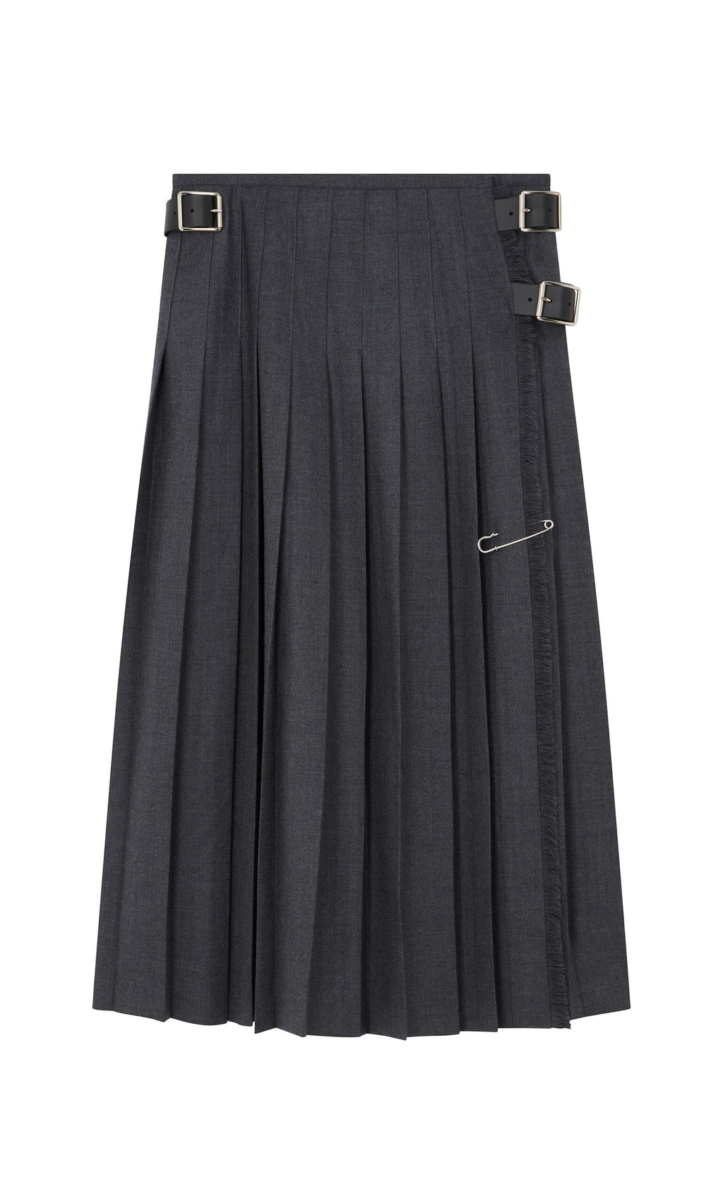 Plümo- Boyd Kilt: dark grey pleated skirt with 2 buckles and safety pin detail, made in Ireland.