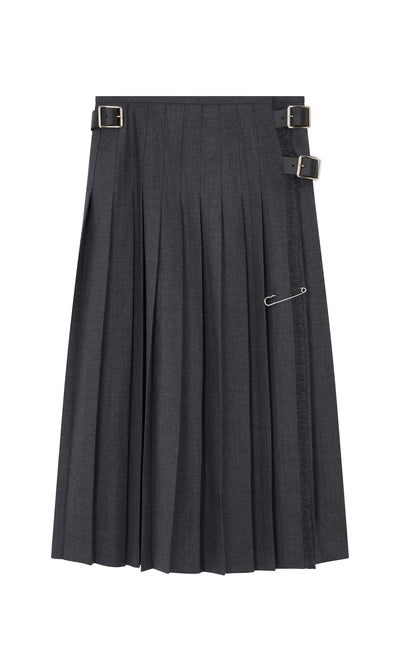 Plümo- Boyd Kilt: dark grey pleated skirt with 2 buckles and safety pin detail, made in Ireland.