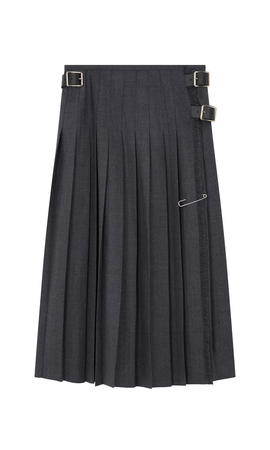 Plümo- Boyd Kilt: dark grey pleated skirt with 2 buckles and safety pin detail, made in Ireland.