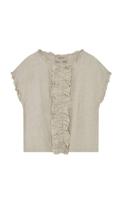 Plümo- Birch Ruffle Top: Beige linen, garment-dyed with frayed edges, ruffle trim, and a relaxed fit.
