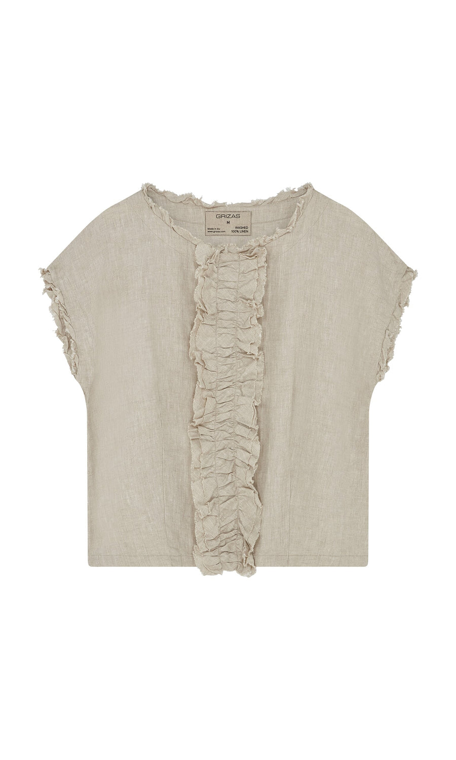 Plümo- Birch Ruffle Top: Beige linen, garment-dyed with frayed edges, ruffle trim, and a relaxed fit.