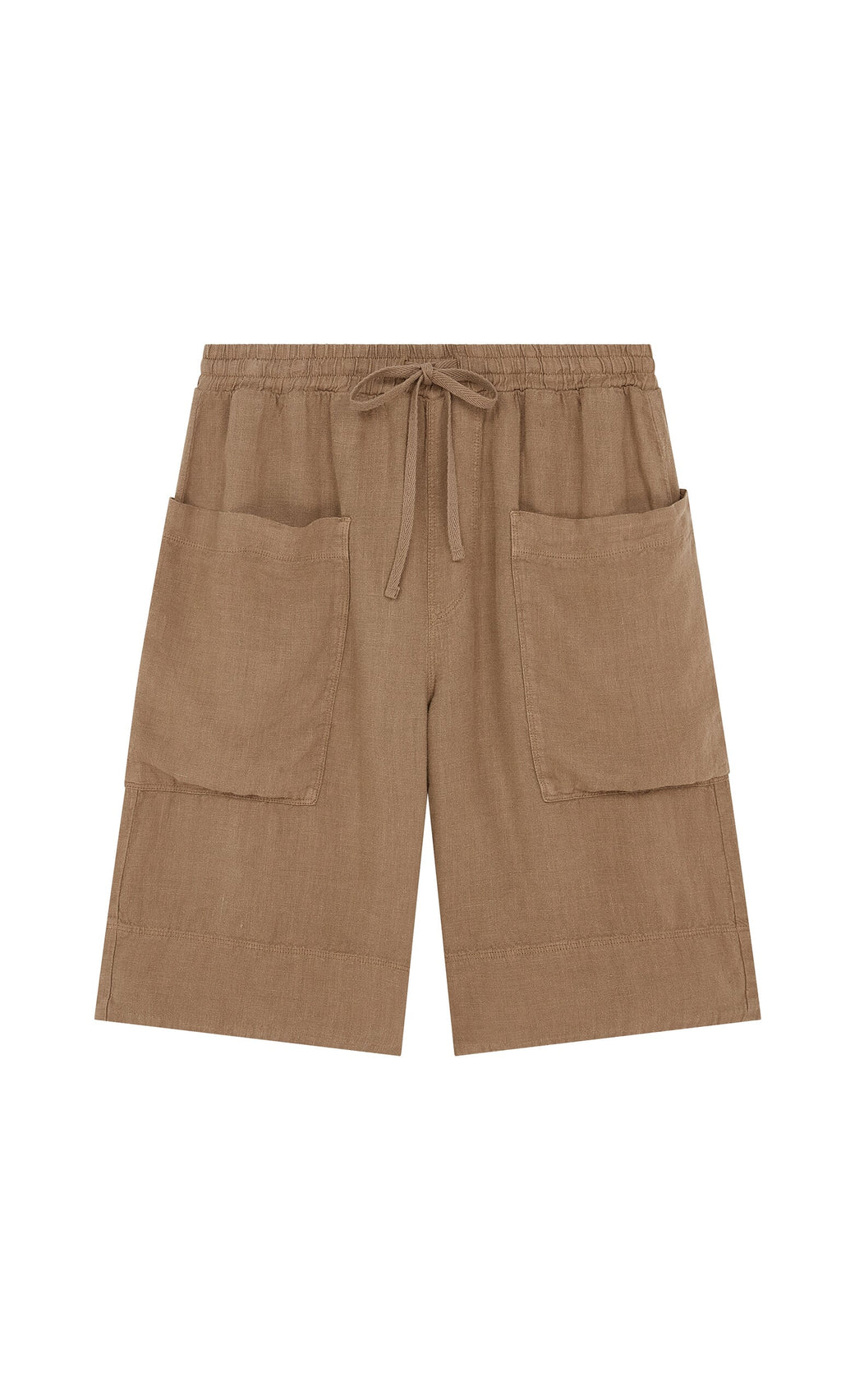 Plümo- Brown Linen Shorts with elastic waist and large front patch pockets, shown flat on a white background.
