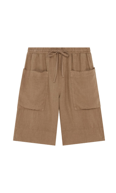 Plümo- Brown Linen Shorts with elastic waist and large front patch pockets, shown flat on a white background.