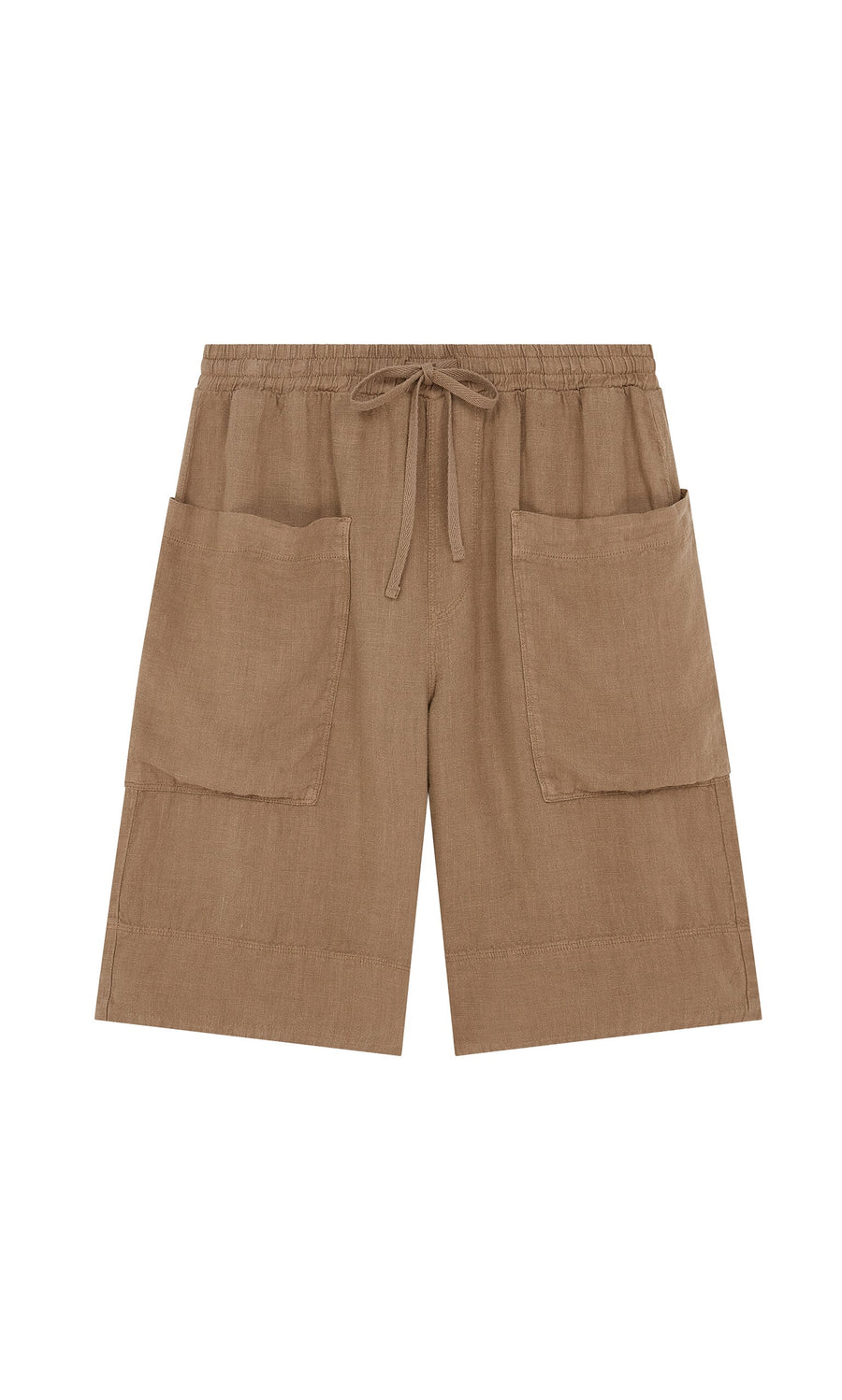 Plümo- Brown Linen Shorts with elastic waist and large front patch pockets, shown flat on a white background.