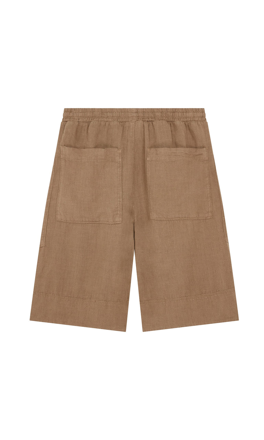 Plümo- Brown Linen Shorts with elasticated waist and two large back patch pockets, shown flat on white background.