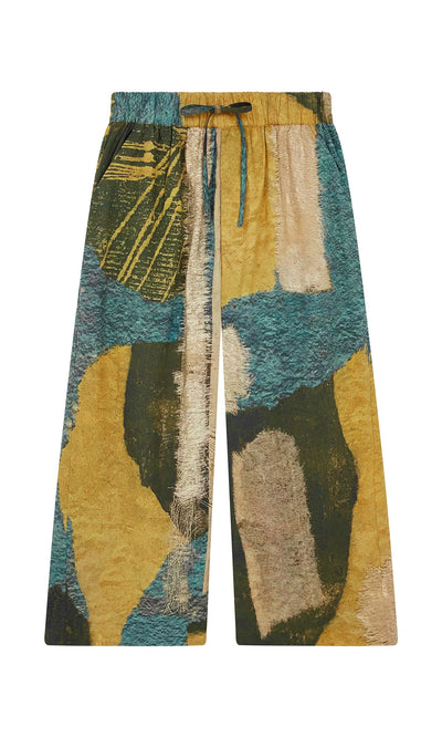 Plümo- Brushstroke Pants: Wide-leg cotton poplin with impressionist print, elastic drawstring waist, shown on white background.