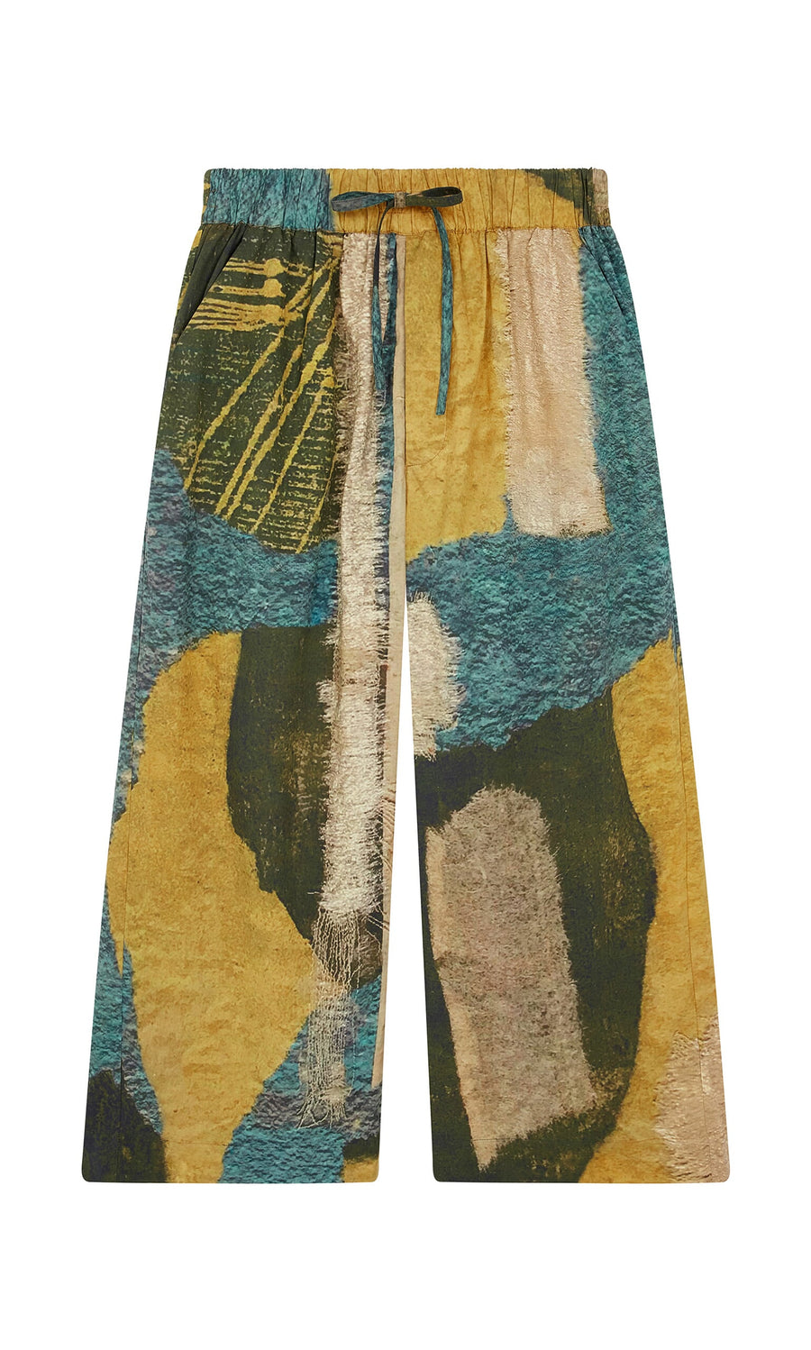 Plümo- Brushstroke Pants: Wide-leg cotton poplin with impressionist print, elastic drawstring waist, shown on white background.