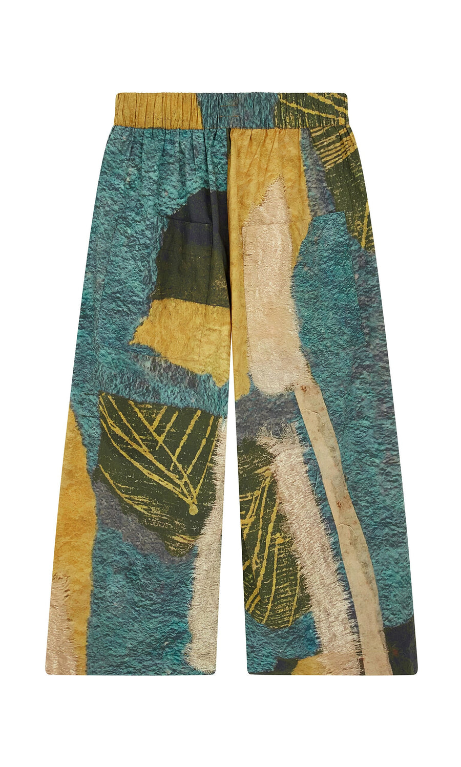 Plümo- Brushstroke Pants: Wide-leg pants with abstract teal and gold leaf patchwork, elastic drawstring waist.