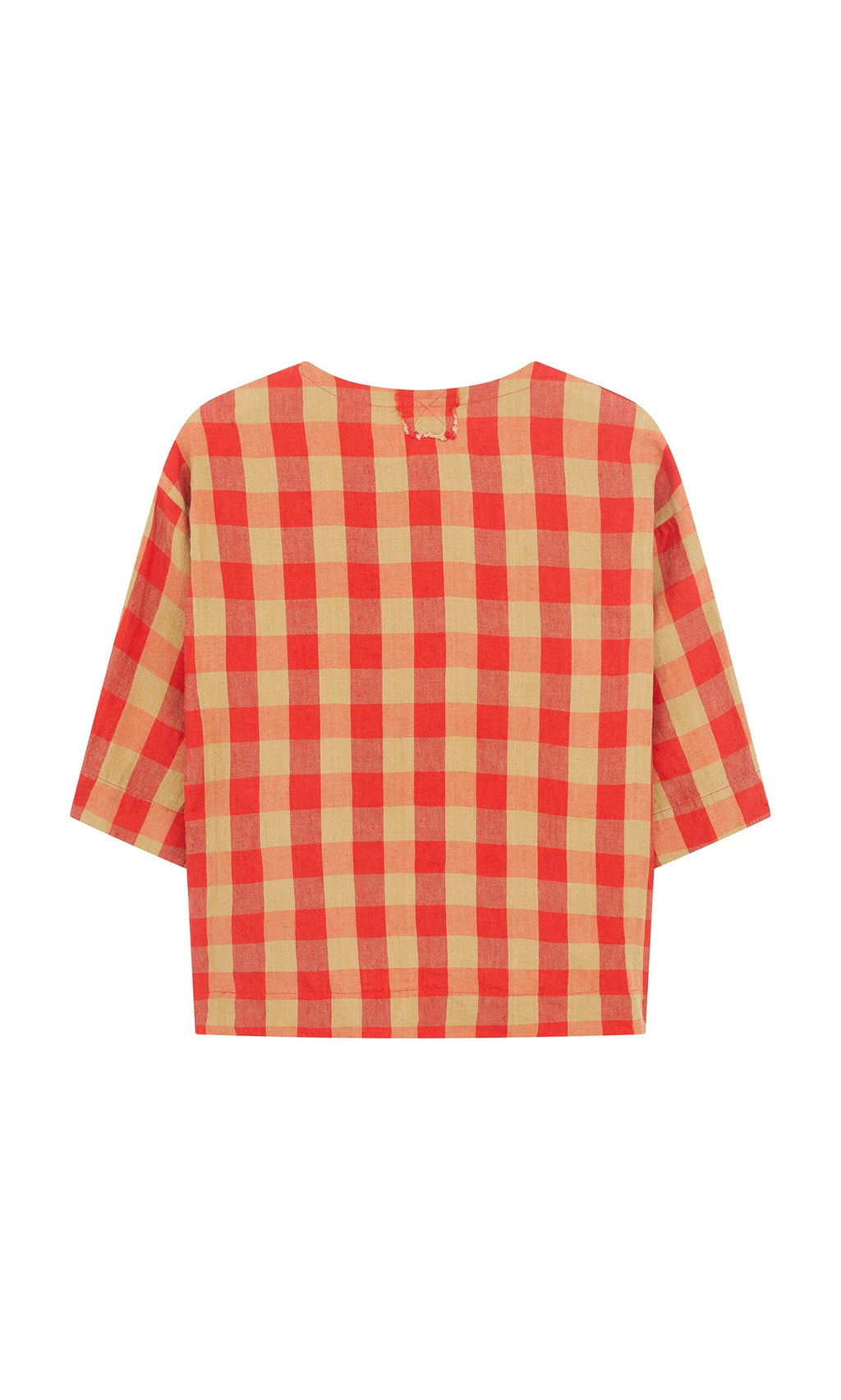 Plümo- The Burgos Blouse is a red and beige gingham check linen top with a boxy fit, made in Italy and shown from the back.