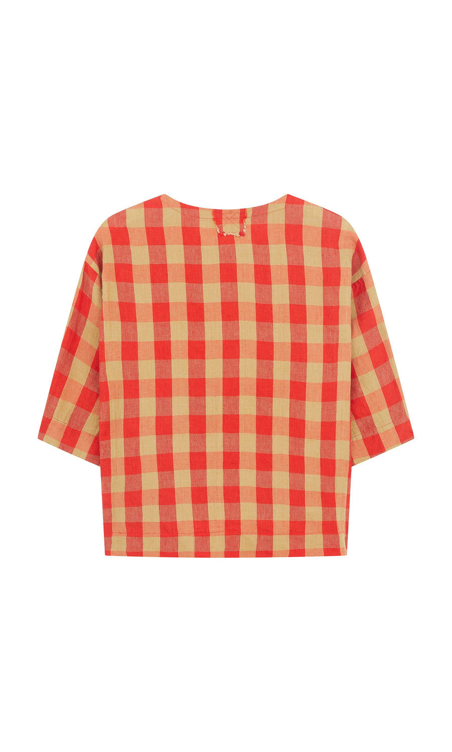 Plümo- The Burgos Blouse is a red and beige gingham check linen top with a boxy fit, made in Italy and shown from the back.