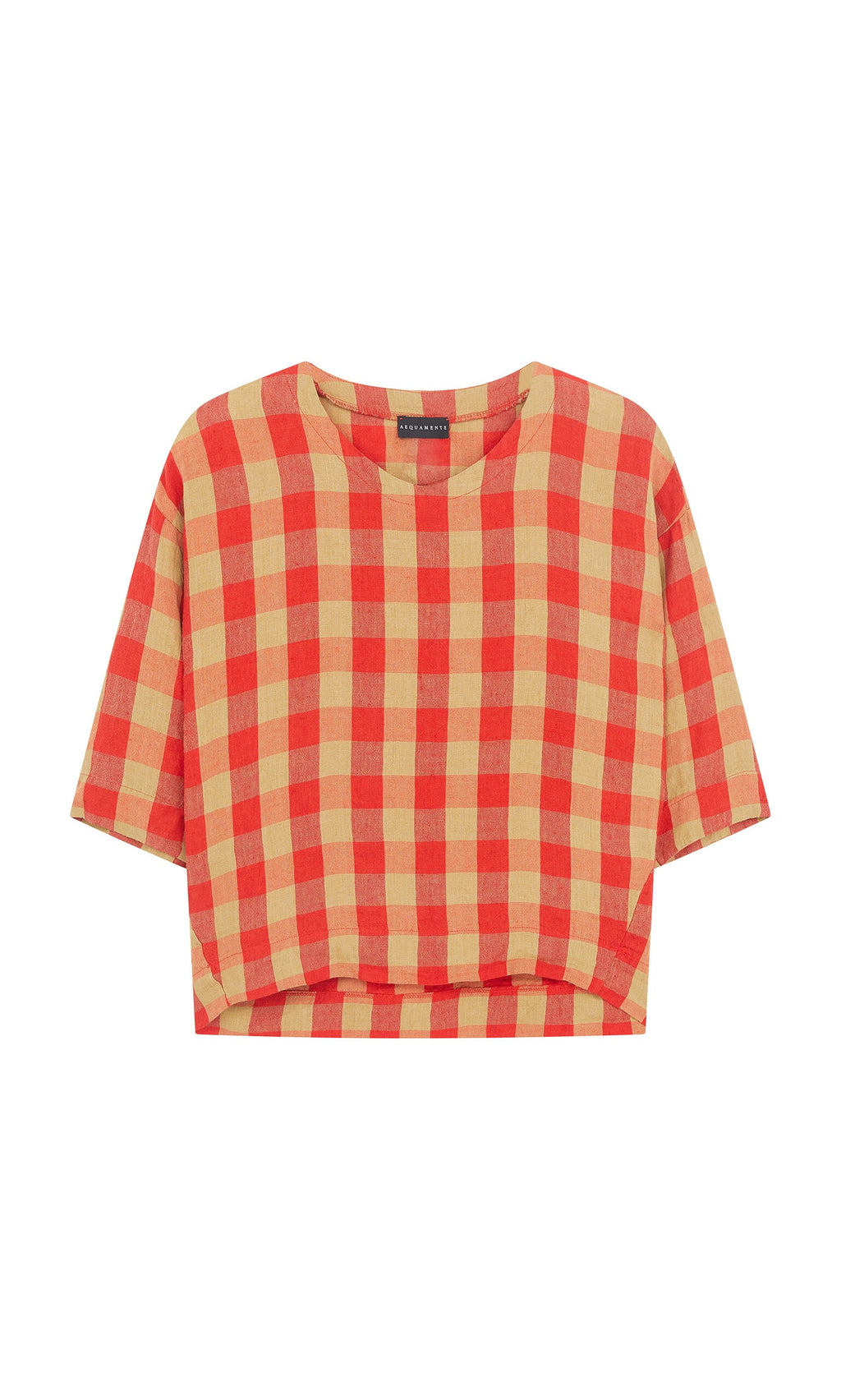 Plümo- The Burgos Blouse is a red and beige gingham top with short sleeves and round neck, made in Italy.