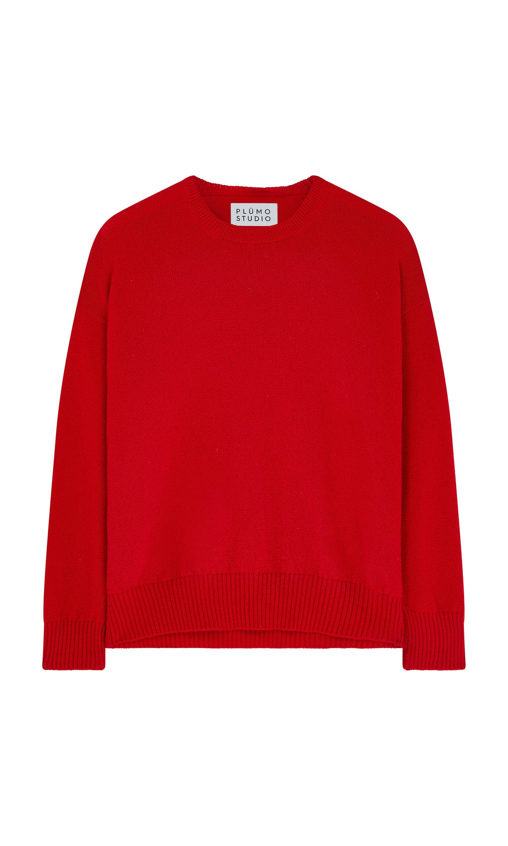 Plümo- The Bute Sweater is a plain red, long-sleeve crewneck jumper with a knit texture, shown flat on a white background.