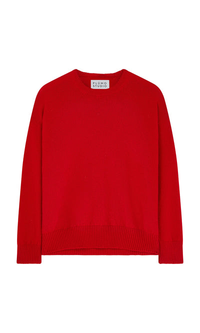 Plümo- The Bute Sweater is a plain red, long-sleeve crewneck jumper with a knit texture, shown flat on a white background.