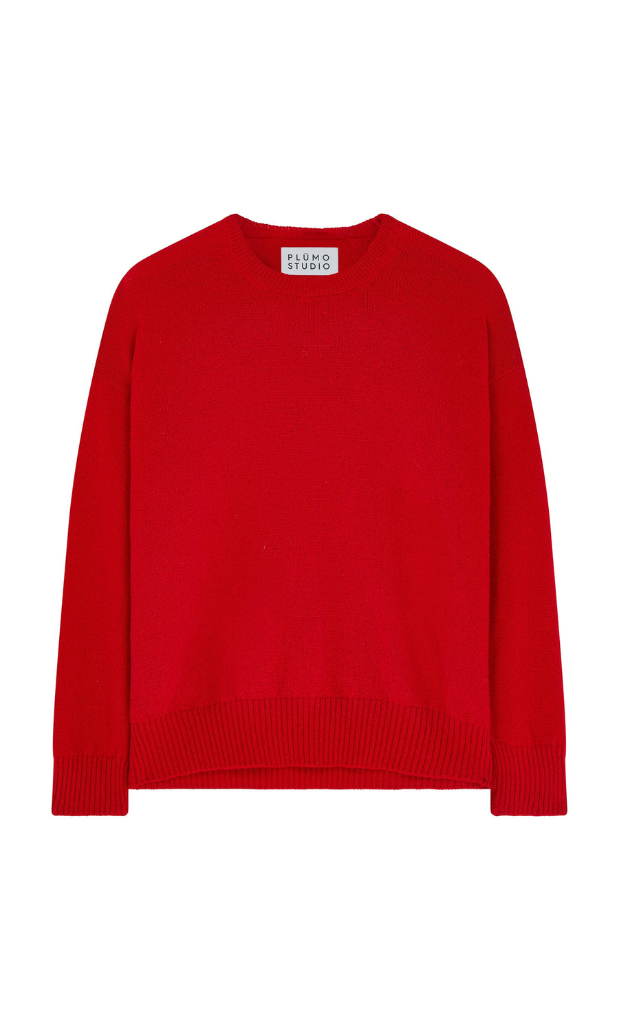 Plümo- The Bute Sweater is a plain red, long-sleeve crewneck jumper with a knit texture, shown flat on a white background.