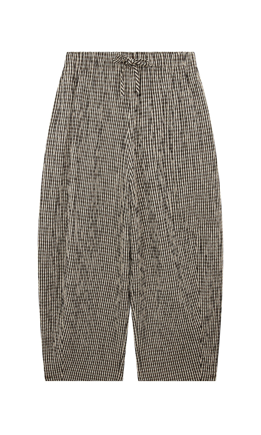 Plümo- Butoni Pants - Gingham: black and white barrel leg pants with elastic waistband and drawstring, laid flat.