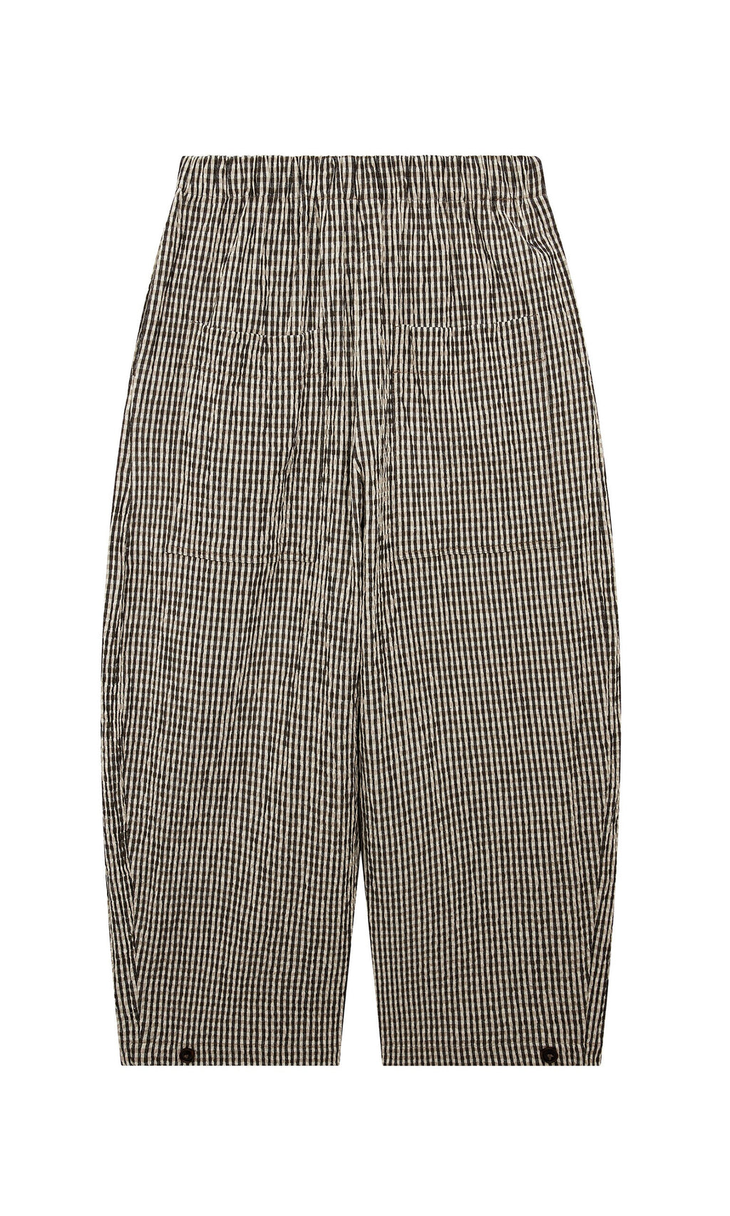 Plümo- Butoni Pants - Gingham: black and white barrel-leg pants with elastic waist, shown flat on a white background.