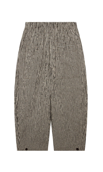 Plümo- Butoni Pants - Gingham: black and white barrel-leg pants with elastic waist, shown flat on a white background.