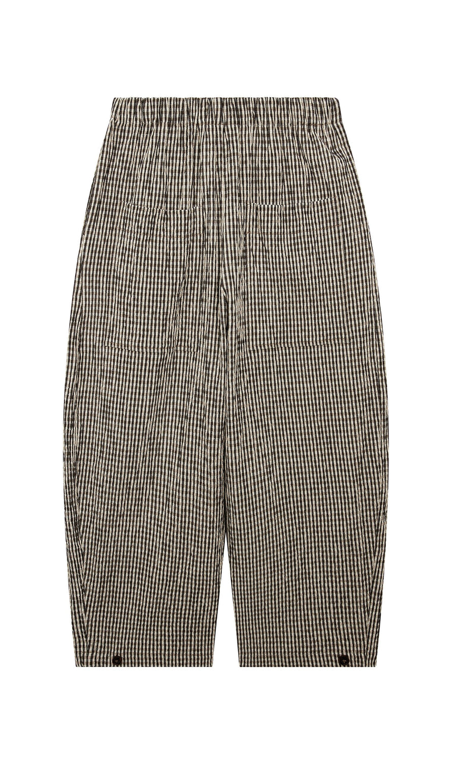 Plümo- Butoni Pants - Gingham: black and white barrel-leg pants with elastic waist, shown flat on a white background.