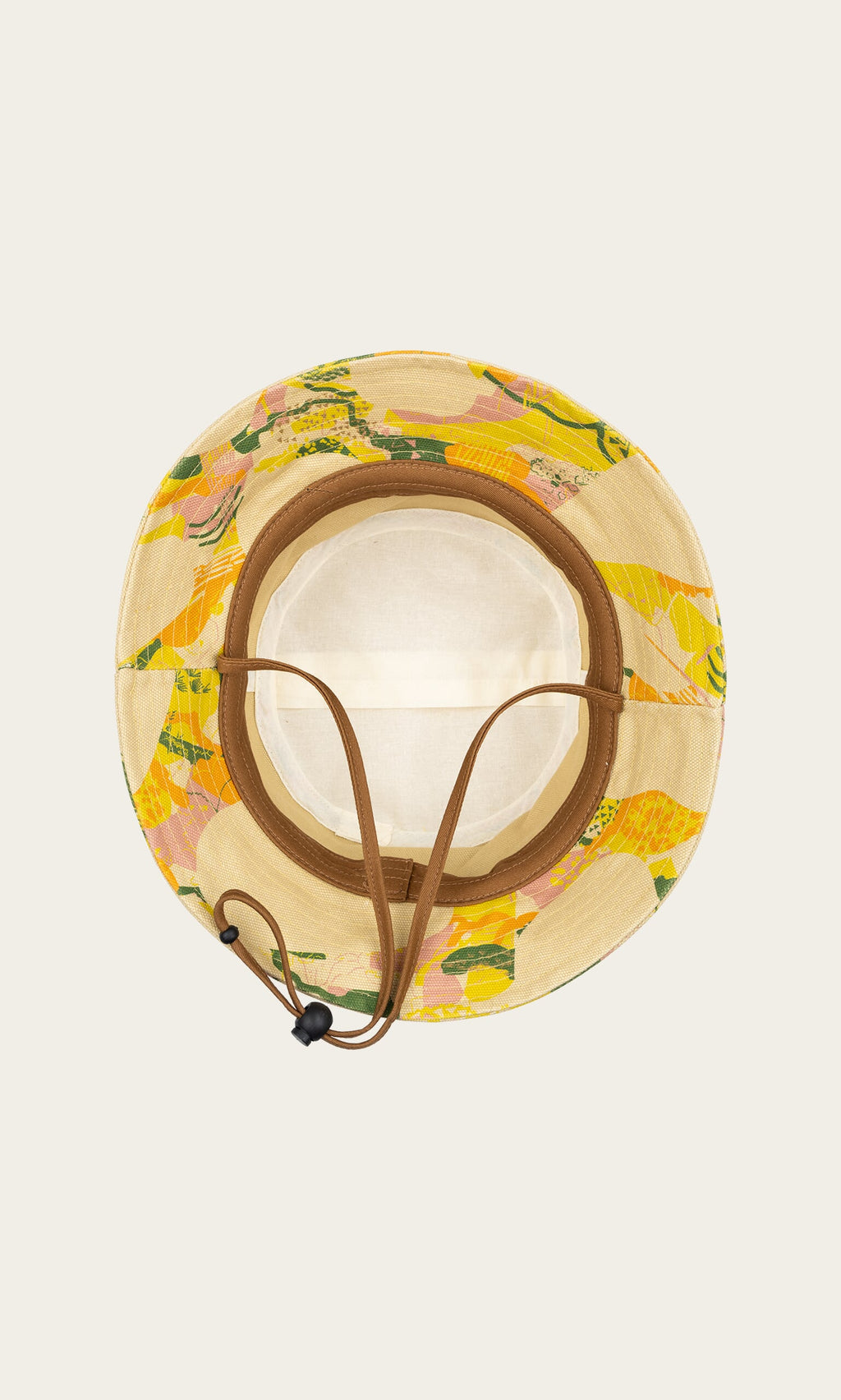 Plümo- Top view of a Camo Bucket Hat featuring a yellow, green, and pink pattern with a brown chin strap.