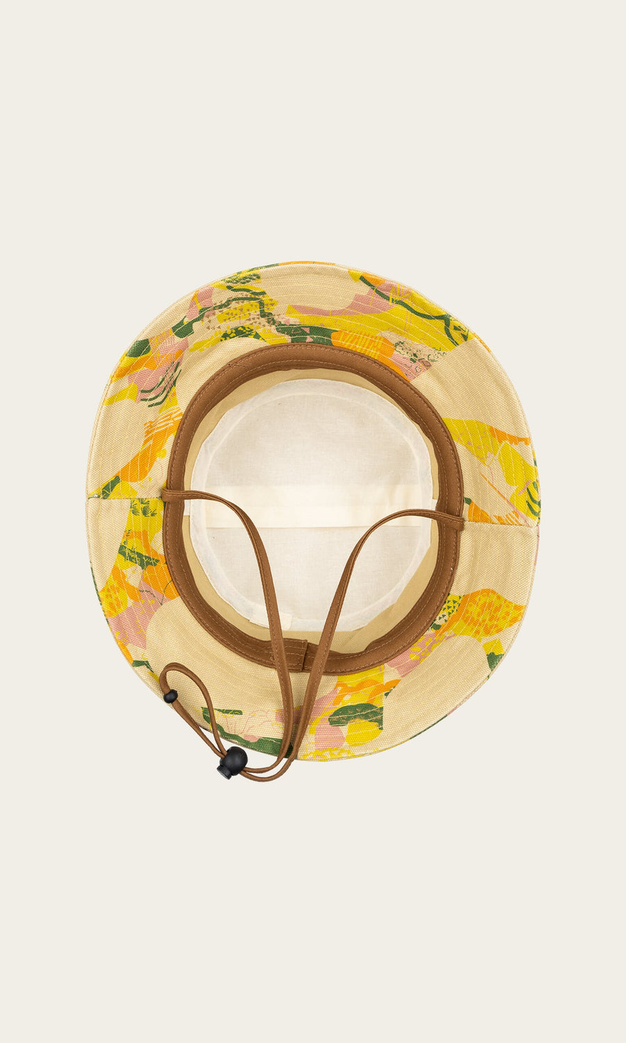 Plümo- Top view of a Camo Bucket Hat featuring a yellow, green, and pink pattern with a brown chin strap.