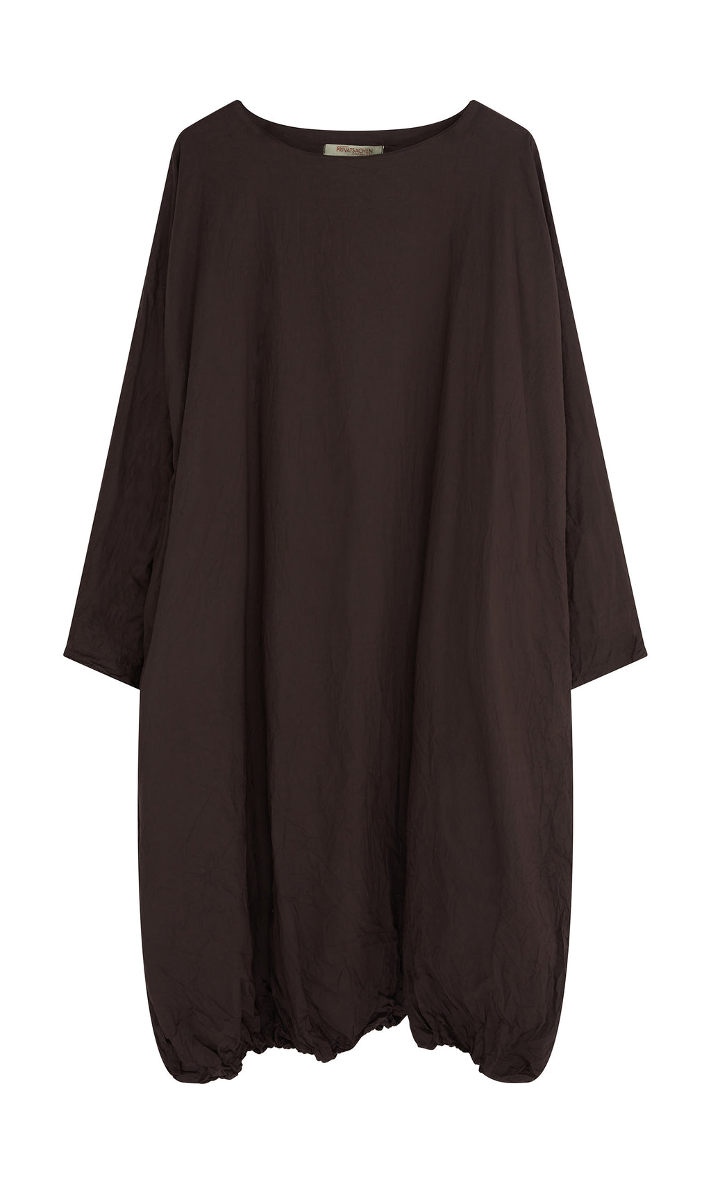 Plümo  Cloud Dress: Relaxed, long-sleeve bubble-hem maxi in peaty brown cotton with wide neck and gathered hem.