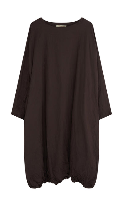 Plümo  Cloud Dress: Relaxed, long-sleeve bubble-hem maxi in peaty brown cotton with wide neck and gathered hem.