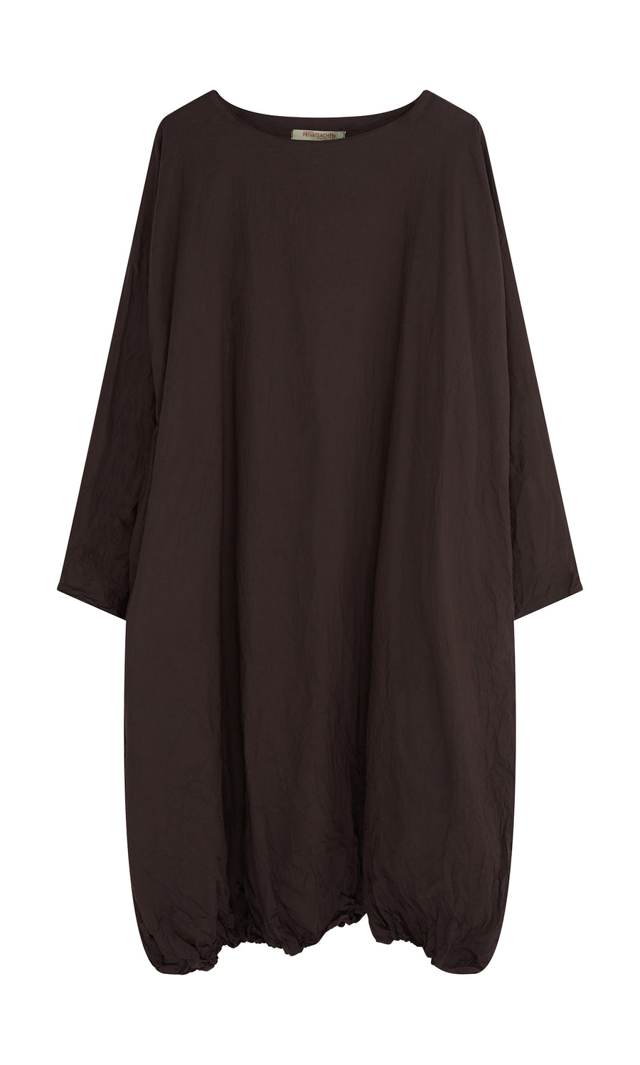 Plümo  Cloud Dress: Relaxed, long-sleeve bubble-hem maxi in peaty brown cotton with wide neck and gathered hem.