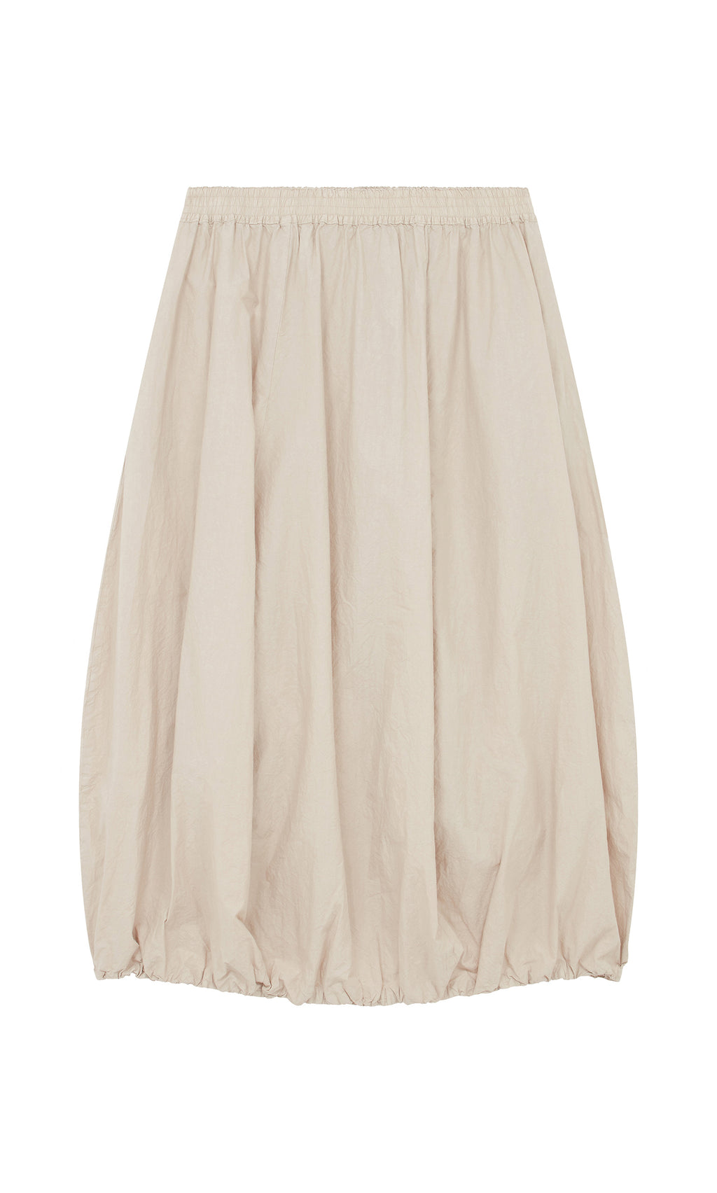 Plümo  Edina Skirt - Nougat: Beige bubble-hem maxi with shirred elastic waist and hem, shown on a white background.