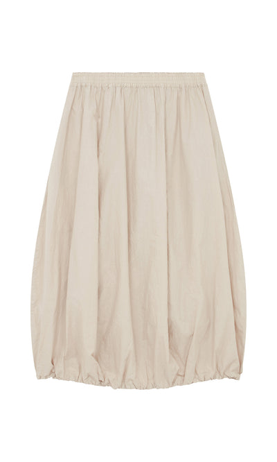 Plümo  Edina Skirt - Nougat: Beige bubble-hem maxi with shirred elastic waist and hem, shown on a white background.
