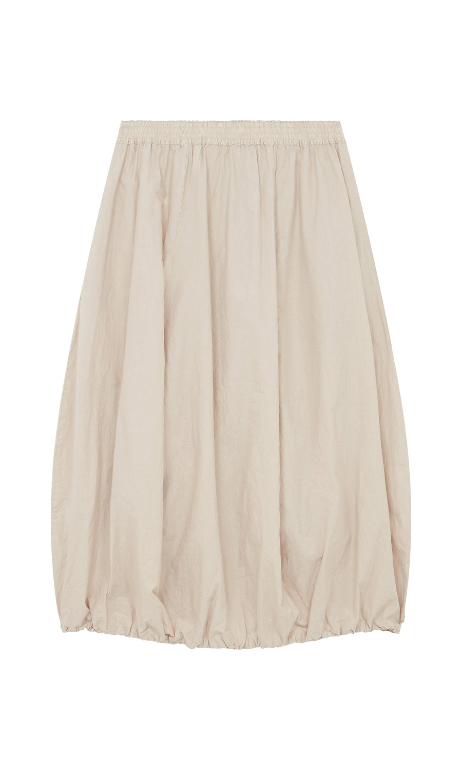 Plümo  Edina Skirt - Nougat: Beige bubble-hem maxi with shirred elastic waist and hem, shown on a white background.