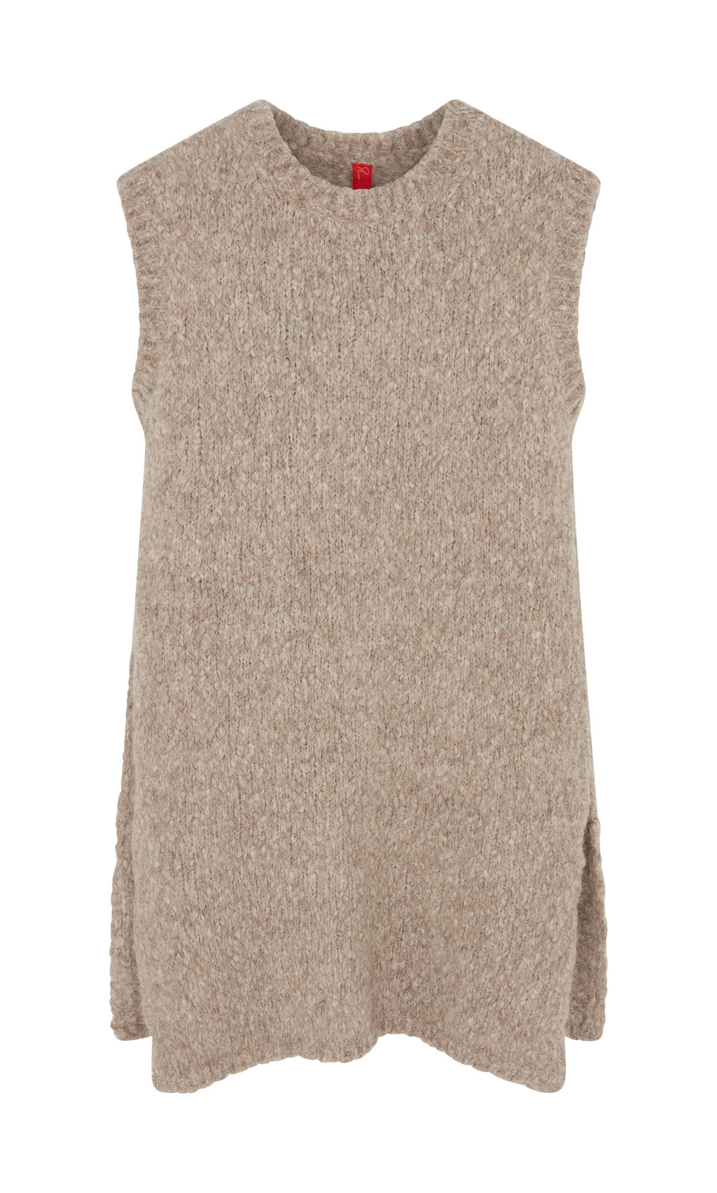 Plümo  Borwick Tunic: Sleeveless beige knit vest with crew neck and side slits—ideal for winter layering.